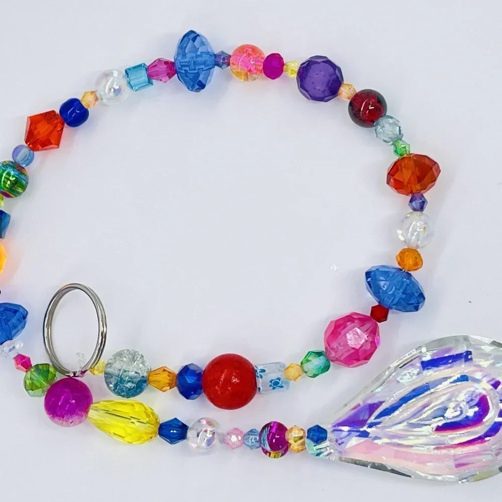 Beaded Suncatcher -  Multicolored - Clear Crystal Prism - Hanging Decor